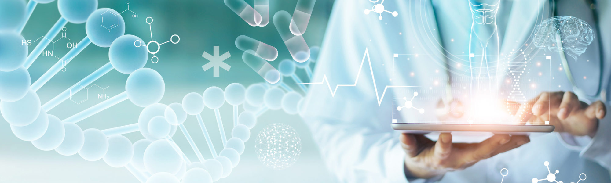 Medicine doctor touching electronic medical record on tablet. DNA. Digital healthcare and network connection on hologram modern virtual screen interface, medical technology and network concept.